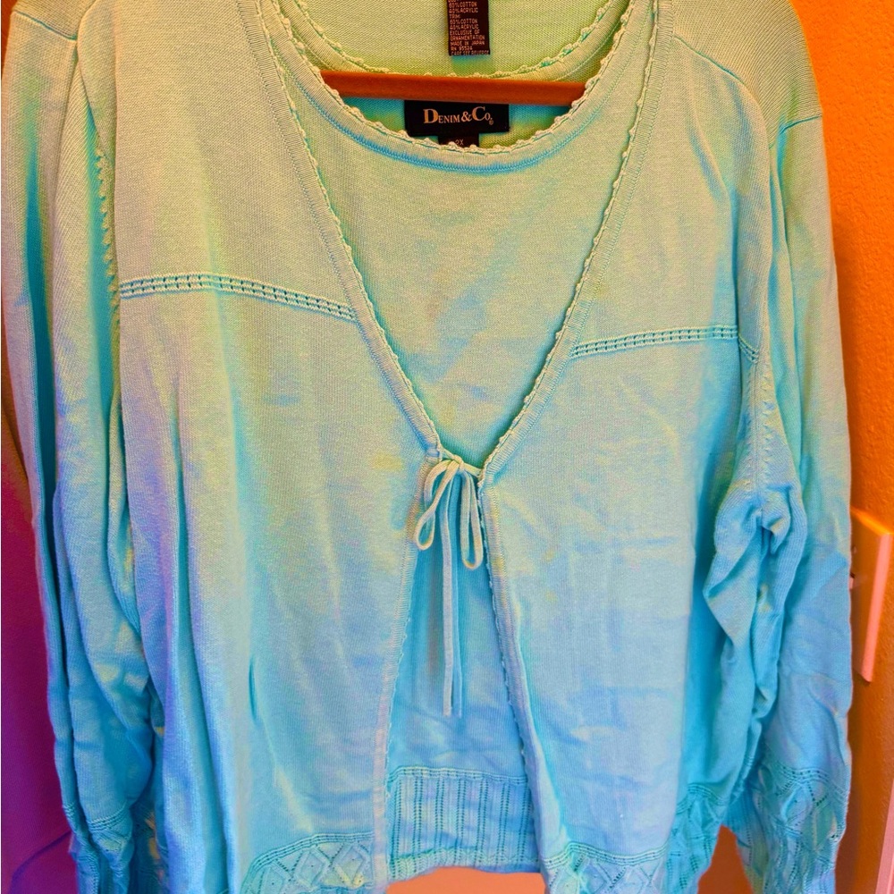 Denim&Co Aqua Knit Twin Set with Tie Detail